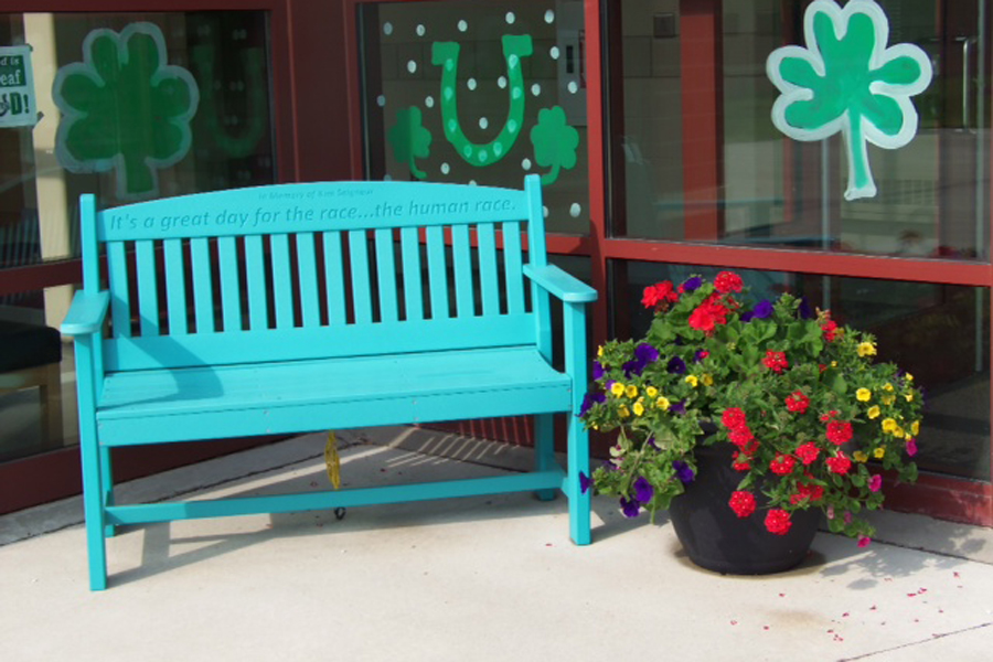 4' engraved garden bench shown in aruba blue