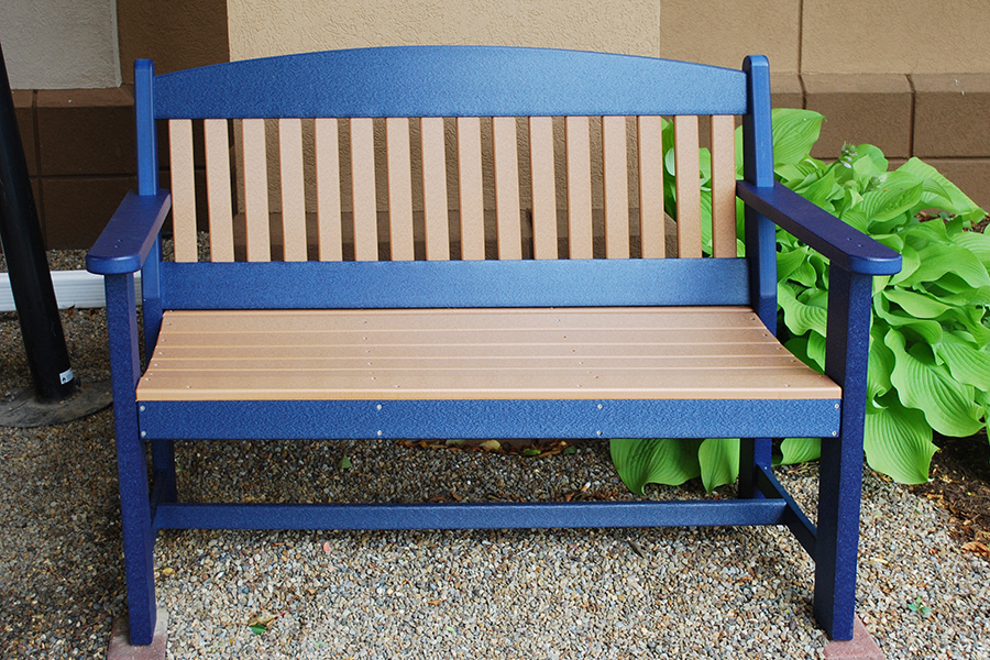 4ft garden bench shown in cedar on blue