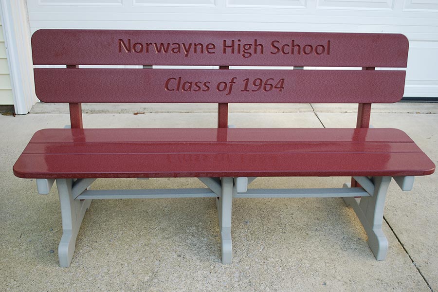 5 foot bench w/engraved back shown in cherry on light gray