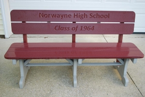 5 foot bench w/engraved back shown in cherry on light gray