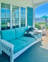 six foot sofa in white. cushions in spectrum mist sunbella fabric