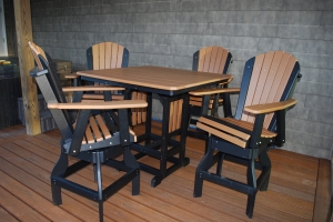 44" square bar height table and adirondack swivel dining chairs bar height all shown in cedar on black